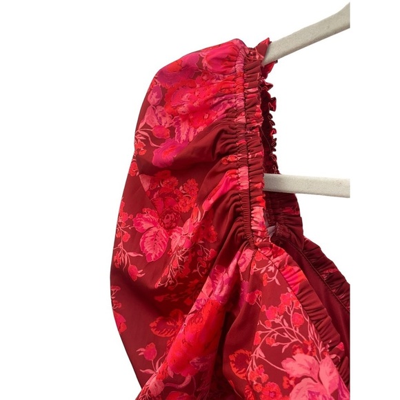 NEW For Love And Lemons Red Floral Print  Ruched Puff Sleeve Bodysuit Blouse XS - Picture 4 of 15